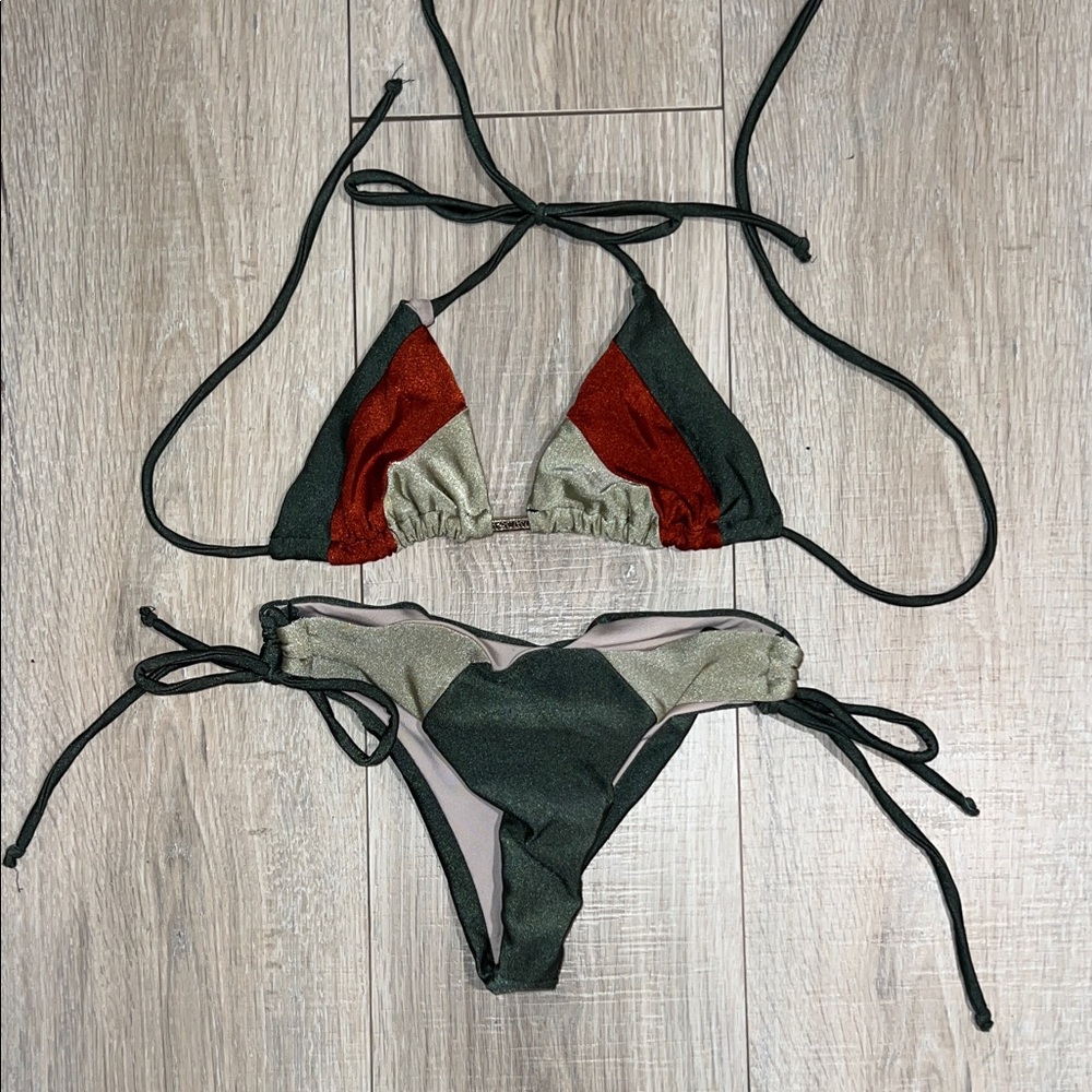 Made in Brazil cheeky Colorblock String Bikini‎ - Olive, Rust & Metallic